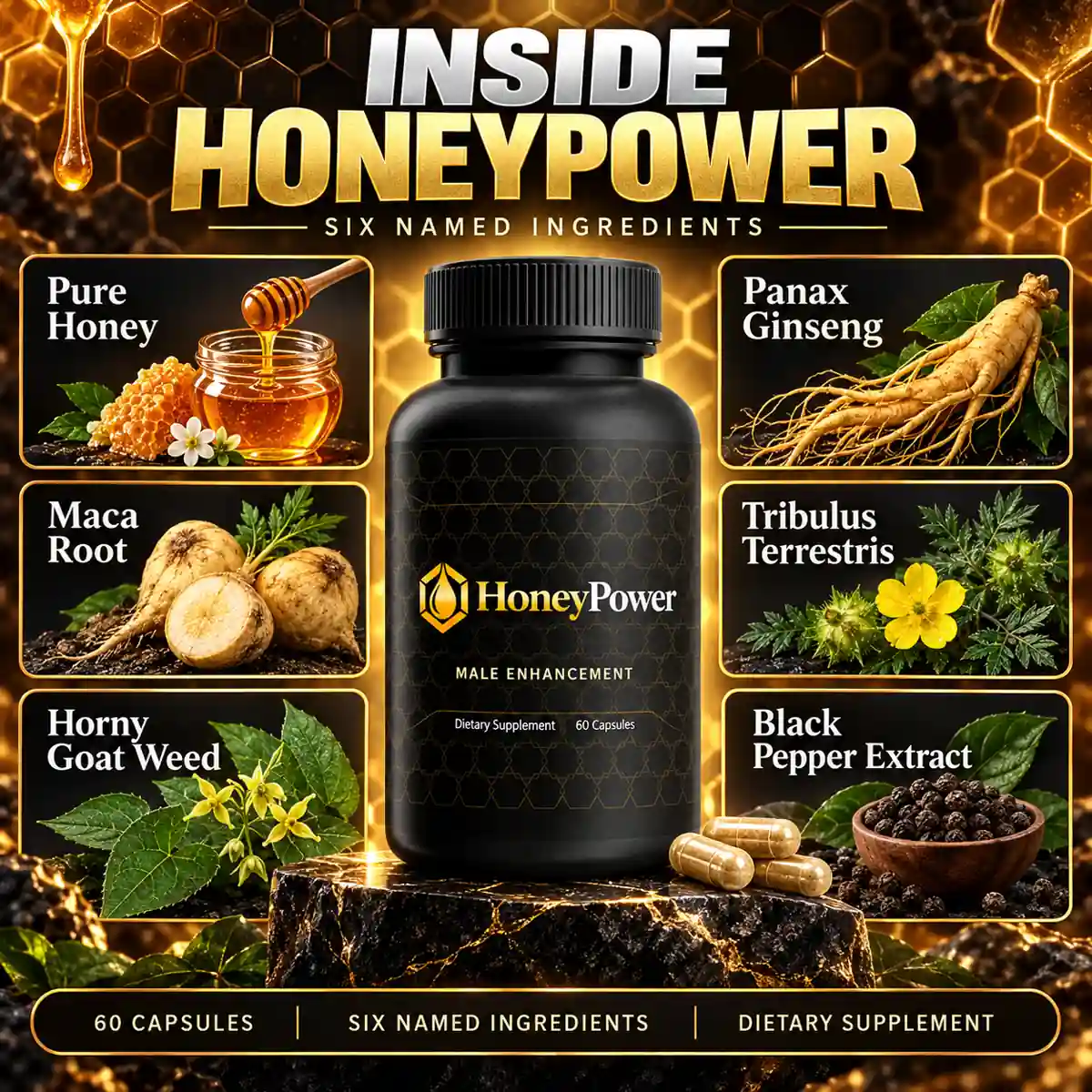 The seller&rsquo;s Inside HoneyPower graphic naming the six ingredients