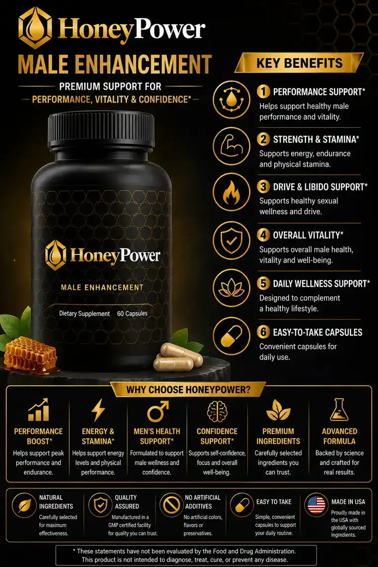 The HoneyPower benefits overview panel, showing the six supports and the badge row